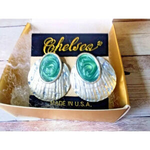 NWT Vintage 1980s Teal Blue & Silver Tone Enamel Earrings by Chelsea